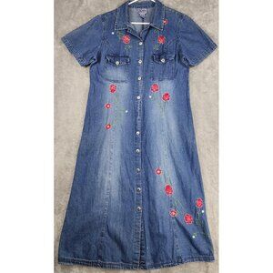 Sarin New York Denim Dress Womens 16 Button‎ Front Embroidered Floral Maxi 90s